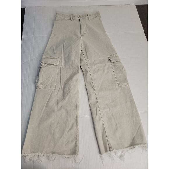 Zara Cargo Jeans Womens Sz 4 Straight Whide High Rise Rigid Utility Pockets Tan - Picture 2 of 8